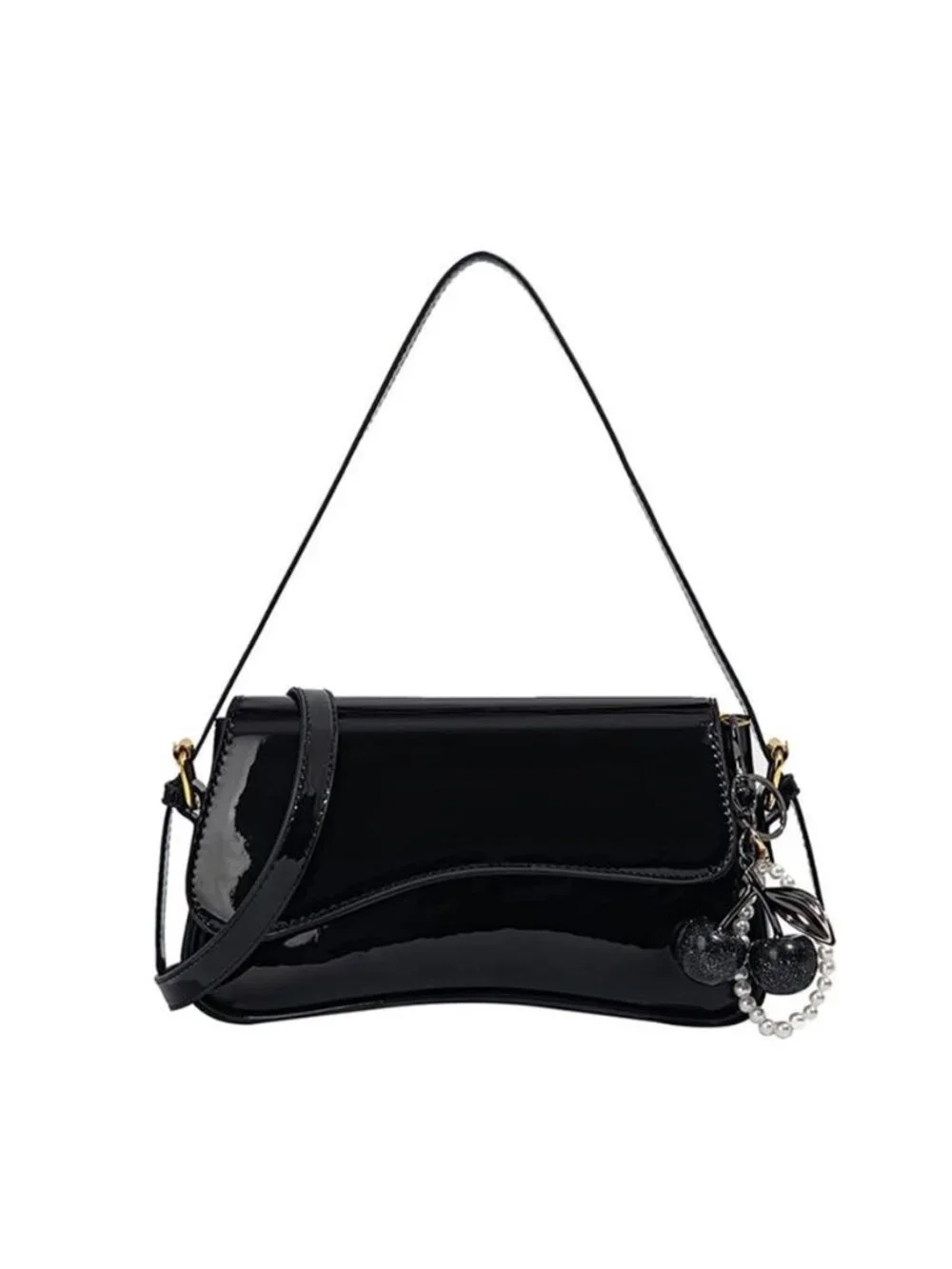Black Patent Leather Cherry Shoulder Bag Y2K Hobo Purse for Women Retro